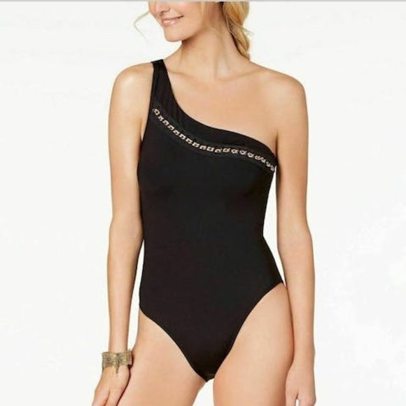Kenneth Cole Reaction Embellished One-Shoulder Tummy-Control Swimsuit, SZ Large - Picture 1 of 2